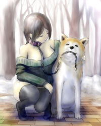 Rule 34 | 1girl, ba160050, bdsm, black thighhighs, bondage, bound, brown hair, chain, character request, collar, dog, highres, leash, pet play, role reversal, shiba inu, source request, squatting, thighhighs