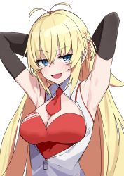 Rule 34 | 1girl, antenna hair, armpits, arms behind back, arms up, artist request, bare shoulders, beads, blonde hair, blue eyes, blush, breasts, cleavage, detached sleeves, hair beads, hair ornament, highres, long hair, looking at viewer, medium breasts, necktie, open mouth, short necktie, sleeveless, smile, solo, tsurumaki maki, upper body, very long hair, vest, vocaloid, voiceroid, white vest
