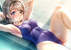 Rule 34 | 1girl, :o, armpits, arms up, blue eyes, blue one-piece swimsuit, breasts, competition swimsuit, covered navel, grey hair, highleg, highleg swimsuit, leg up, looking at viewer, love live!, love live! sunshine!!, lying, medium breasts, on back, one-piece swimsuit, poolside, rokko, short hair, solo, swimsuit, thighs, tile floor, tiles, watanabe you, water, wet
