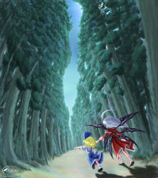 Rule 34 | 2girls, alice margatroid, alice margatroid (pc-98), blonde hair, female focus, forest, hair bobbles, hair ornament, multiple girls, mystic square, nature, sabire, shinki (touhou), side ponytail, silver hair, touhou, touhou (pc-98), tree, wings