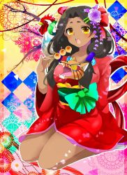 Rule 34 | 10s, 1girl, bare legs, black hair, blush, breasts, curvy, dark-skinned female, dark skin, dress, female focus, food, highres, japanese clothes, kimono, large breasts, long hair, looking at viewer, matsuri (senran kagura), open mouth, senran kagura, senran kagura new wave, shiny skin, sitting, solo, thighs, tsubuki (ron-bb69), twintails, yellow eyes