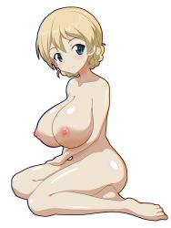 Rule 34 | 1girl, absurdres, blonde hair, blush, braid, breasts, closed mouth, completely nude, darjeeling (girls und panzer), female focus, french braid, full body, girls und panzer, gogopaint, highres, large breasts, looking at viewer, nipples, nude, simple background, sitting, smile, solo, white background