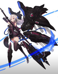 Rule 34 | 1girl, armor, bare shoulders, black dress, black footwear, black gloves, boots, breasts, dress, elbow gloves, faulds, floating hair, full body, gloves, goomrrat, hair between eyes, highres, holding, holding scythe, leg up, long hair, looking at viewer, machinery, mecha musume, mechanical wings, medium breasts, original, parted lips, red eyes, scythe, sidelocks, silver hair, solo, thigh boots, thighhighs, vest, wings, zettai ryouiki