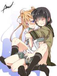 Rule 34 | 10s, 2girls, abukuma (kancolle), artist name, black hair, black socks, blonde hair, blue eyes, blunt bangs, blush, buttons, clenched teeth, closed eyes, double bun, fang, female focus, hair between eyes, hair bun, hair rings, hand on another&#039;s arm, hand on another&#039;s head, hug, hug from behind, kantai collection, kitakami (kancolle), kneehighs, long hair, looking at another, looking to the side, mtu (orewamuzituda), multiple girls, pleated skirt, school uniform, serafuku, shadow, short sleeves, signature, sitting, skirt, smile, socks, teeth, twintails, uniform, wariza, yuri