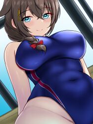 Rule 34 | 1girl, ahoge, blue eyes, braid, brown hair, commentary request, competition swimsuit, covered navel, hair flaps, hair over shoulder, highres, kantai collection, long hair, looking at viewer, montemasa, one-piece swimsuit, purple one-piece swimsuit, rei no pool, shigure (kancolle), single braid, solo, swimsuit, two-tone swimsuit, window