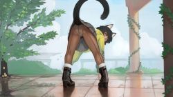 Rule 34 | 1girl, animal ears, ankle boots, bent over, black hair, blue sky, boots, brown panties, brown socks, cat ears, cat girl, cat tail, clothes lift, cloud, cloudy sky, column, day, from behind, grey skirt, high heel boots, high heels, highres, hood, hood down, hoodie, leaning forward, lifted by self, lifted by tail, long sleeves, looking at viewer, looking back, original, outdoors, paintrfiend, panties, panties under pantyhose, pantyhose, pillar, plant, pleated skirt, red eyes, short hair, skirt, skirt lift, sky, socks, solo, standing, stone floor, tail, tail raised, touching toes, tree, underwear, white socks, yellow hoodie