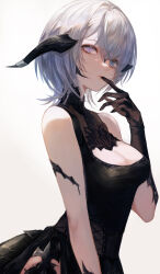 Rule 34 | 1girl, au ra, biting, biting own finger, black dress, black horns, black scales, black tail, blue eyes, breasts, cleavage, cleavage cutout, clothing cutout, commentary request, dragon girl, dragon horns, dragon tail, dress, final fantasy, final fantasy xiv, glove biting, gloves, hair between eyes, hand up, heterochromia, highres, horns, lace, lace gloves, looking at viewer, maho moco, medium breasts, pink eyes, scales, short hair, side slit, simple background, solo, tail, warrior of light (ff14), white background, white hair