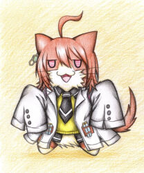 Rule 34 | agnes tachyon (umamusume), ahoge, animalization, black necktie, black shirt, brown hair, cat, collared shirt, colored pencil (medium), commentary, dainamitee, earrings, hair between eyes, jewelry, lab coat, long sleeves, looking at viewer, necktie, no humans, shirt, short hair, single earring, sleeves past fingers, sleeves past wrists, standing, sweater, traditional media, umamusume, yellow sweater
