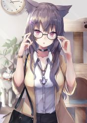 Rule 34 | 1girl, absurdres, animal, animal ears, black-framed eyewear, black choker, blouse, cat, cat ears, cat girl, choker, clock, collared shirt, glasses, grey hair, hair ornament, hairclip, hands on eyewear, hands up, highres, jacket, jewelry, kurohikage, long hair, looking at viewer, necklace, open clothes, open jacket, original, parted lips, red eyes, shirt, solo, upper body, wall clock, watch, white shirt, wristwatch, yellow jacket