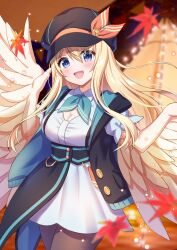 Rule 34 | 1girl, black hat, black jacket, blonde hair, blue eyes, blue neckerchief, blurry, blurry background, blush, breasts, cleavage, cleavage cutout, clothing cutout, cowboy shot, dress, falling leaves, feathered wings, hair between eyes, harpy, hat, hat ribbon, highres, indie virtual youtuber, jacket, kurokuro100, leaf, long hair, mavia (vtuber), medium breasts, monster girl, neckerchief, open mouth, orange ribbon, pantyhose, ribbon, second-party source, solo, virtual youtuber, white dress, wings