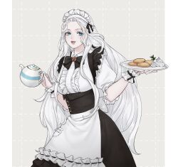 Rule 34 | 1girl, alternate costume, apron, astraea 010, back bow, black bow, black bowtie, black dress, blue eyes, bow, bowtie, brown background, collared shirt, commentary request, cowboy shot, dress, enmaided, final fantasy, final fantasy xiv, frilled apron, frilled sleeves, frills, from side, half updo, hands up, highres, holding, holding plate, holding teapot, korean commentary, long hair, looking at viewer, maid, maid apron, maid headdress, open mouth, outside border, pillarboxed, plate, pocket, puffy sleeves, shirt, simple background, smile, solo, standing, teapot, venat (ff14), waist apron, wavy hair, white apron, white hair, white shirt, wrist cuffs