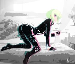 Rule 34 | all fours, ass, bed, belt, biker clothes, black gloves, black jacket, ascot, curtain grab, curtains, gloves, green hair, half gloves, jacket, lio fotia, looking back, male focus, on bed, promare, purple eyes, shailo, short hair