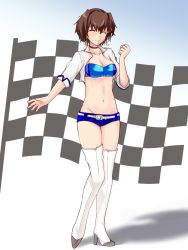 Rule 34 | 1girl, alternate costume, bandeau, belt, black jacket, blue bandeau, blue shorts, blush, boots, brown hair, checkered flag, closed eyes, commentary request, flag, full body, furutaka (kancolle), glowing, glowing eye, high heels, highres, jacket, kantai collection, lowleg, lowleg shorts, race queen, short hair, short shorts, shorts, solo, standing, thigh boots, thighhighs, white jacket, white thighhighs, y ko-nu t