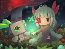 Rule 34 | 1girl, black background, black dress, bug, butterfly, butterfly on hand, buttons, closed mouth, commentary request, dress, finger touching, flower, giant mushroom, glowing butterfly, grass, green hair, hand on lap, horns, insect, light particles, long hair, long sleeves, looking at another, low twintails, missing eye, momi o, mushroom, on ground, red eyes, red flower, robot, robot (void terrarium), seiza, sidelocks, sitting, smile, toriko (void terrarium), twintails, very long hair, void terrarium