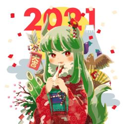Rule 34 | 1girl, 2021, alternate costume, arrow (projectile), bamboo, bird, blush, bright pupils, commentary request, confetti, eggplant, ex-keine, eyebrows hidden by hair, fang, food, green hair, horn flower, horn ornament, horns, japanese clothes, jiageya (atojian keikaku), kamishirasawa keine, kimono, long hair, looking at viewer, mochi, mochi trail, multicolored hair, new year, red eyes, red kimono, ribbon, sidelocks, slit pupils, solo, streaked hair, tail, touhou, upper body, v-shaped eyebrows, white background, white pupils, wide sleeves