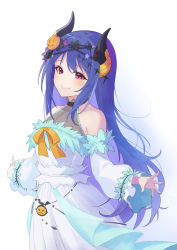 Rule 34 | 1girl, blue hair, hair between eyes, hair ornament, halloween, highres, horns, looking at viewer, princess connect!, red eyes, rei (halloween) (princess connect!), rei (princess connect!), shimon (31426784), simple background, smile, solo, white background