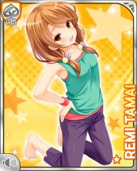 Rule 34 | 1girl, aqua shirt, bare legs, brown eyes, brown hair, card (medium), girlfriend (kari), kneeling, looking at viewer, low twintails, official art, pants, purple pants, qp:flapper, shirt, smile, solo, tagme, tamai remi, tank top, twintails, workout clothes, yellow background