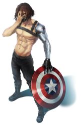 Rule 34 | 1boy, abs, animification, bad id, bad pixiv id, boots, brown hair, captain america: the winter soldier, captain america (series), captain america the winter soldier, chest belt, covering face, cyborg, half mask, james buchanan barnes, male focus, marvel, marvel cinematic universe, mask, mechanical arms, mouth mask, muscular, prosthesis, prosthetic arm, shield, shuen, single mechanical arm, solo, star (symbol), topless male, transparent background, winter soldier