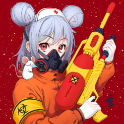 Rule 34 | 1girl, animal, animal on shoulder, armband, biohazard symbol, chinese zodiac, commentary request, cross, double bun, english text, gas mask, gloves, gun, hair bun, hat, highres, holding, holding gun, holding weapon, jacket, light purple hair, looking at viewer, mask, mouse (animal), nurse cap, on shoulder, orange jacket, original, red background, red cross, short hair, solo, turtleneck, turtleneck jacket, upper body, weapon, white gloves, white hat, wuuyaw, year of the rat