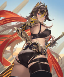 Rule 34 | 1girl, ass, black gloves, black hair, blonde hair, blue eyes, blurry, blurry background, blush, breasts, claymore (sword), commentary request, crossed bangs, cuboon, dehya (genshin impact), elbow gloves, fingerless gloves, from behind, genshin impact, gloves, hair between eyes, hair intakes, highres, holding, holding weapon, large breasts, long hair, looking at viewer, looking back, multicolored hair, parted lips, revision, solo, streaked hair, thighs, underboob, weapon