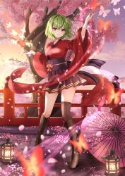 Rule 34 | 1girl, alternate costume, asymmetrical legwear, black skirt, black thighhighs, bug, butterfly, closed mouth, cloud, full body, green hair, highres, insect, kazami yuuka, lantern, long sleeves, looking at viewer, oil-paper umbrella, outdoors, pleated skirt, red eyes, shironeko yuuki, short hair, skirt, sky, smile, solo, standing, thighhighs, touhou, tree, umbrella, wide sleeves