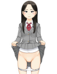 Rule 34 | 1girl, black eyes, black hair, blazer, blush, cleft of venus, closed mouth, clothes lift, commentary request, cowboy shot, crotch seam, dress shirt, grey jacket, grey skirt, jacket, lifting own clothes, light frown, long hair, long sleeves, looking at viewer, maburu (lojyq1eur3e8bit), miniskirt, neck ribbon, original, panties, panty pull, pleated skirt, pussy, red ribbon, ribbon, school uniform, shirt, simple background, skirt, skirt lift, solo, standing, straight hair, swept bangs, underwear, white background, white shirt, wing collar