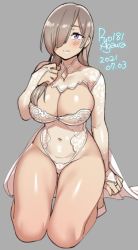 Rule 34 | 1girl, 2021, agawa ryou, brown hair, dated, grey background, hair over one eye, long hair, looking at viewer, midriff, navel, original, purple eyes, shiny skin, simple background, smile, solo, thick thighs, thighs