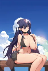 Rule 34 | 1girl, bikini, black bikini, blue eyes, blue hair, blue sky, breasts, chinese commentary, cleavage, closed mouth, cloud, collarbone, commentary request, day, earrings, feet out of frame, hair between eyes, hair ornament, highres, horizon, innertube, jewelry, legs together, long hair, looking at viewer, nail polish, navel, ocean, original, outdoors, pier, sanyuejiuri, sitting, skindentation, sky, smile, solo, swim ring, swimsuit, thighs