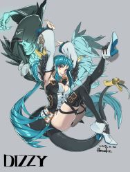 Rule 34 | 2girls, armpits, asymmetrical wings, belt, blue hair, breasts, dated, dizzy (guilty gear), english text, guilty gear, guilty gear xrd, hair ribbon, hesuke, high heels, highres, large breasts, long hair, looking at viewer, monster girl, multiple girls, necro (guilty gear), ribbon, signature, simple background, tail, tail ornament, tail ribbon, thick thighs, thigh strap, thighhighs, thighs, twintails, undine (guilty gear), wings