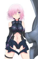 Rule 34 | 1girl, armor, bare shoulders, blush, breasts, clothing cutout, elbow gloves, fate/grand order, fate (series), frown, gauntlets, gloves, hair over one eye, highres, impossible clothes, kesoshirou, looking at viewer, mash kyrielight, navel, navel cutout, pink hair, purple eyes, shield, short hair, simple background, solo, thigh strap, thighs, white background