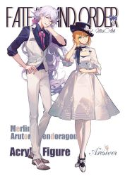 Rule 34 | 1boy, 1girl, alternate costume, artist name, artoria pendragon (all), artoria pendragon (fate), ask (askzy), black headwear, blonde hair, bow, bowtie, breasts, character name, collared shirt, copyright name, cross-laced footwear, dress, ear piercing, earrings, english text, fate/grand order, fate (series), formal, full body, green eyes, hand on own head, hand on own hip, hand on own neck, hat, hat bow, jewelry, long hair, looking at viewer, merlin (fate), neck ruff, pants, pantyhose, piercing, ponytail, purple eyes, red neckwear, saber (fate), shirt, shoes, short hair, silver hair, simple background, sleeves rolled up, small breasts, standing, top hat, vest, white background, white dress, white pantyhose
