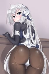 Rule 34 | 1girl, android, ass, back, bad id, bad pixiv id, blue eyes, blush, bodysuit, breasts, brown pantyhose, cameltoe, from behind, gloves, hair between eyes, headgear, highres, horizon ariadust, kyoukaisenjou no horizon, large breasts, long hair, looking at viewer, looking back, pantyhose, shingyou (alexander-13), shiny clothes, sideboob, skin tight, solo, thighs, thong, very long hair