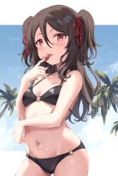Rule 34 | 1girl, amerika juu pan, bikini, black bikini, black hair, blue sky, breasts, cloud, commentary request, contrapposto, food, fruit, highres, long hair, o-ring, o-ring bikini, original, palm tree, red eyes, resolution mismatch, sky, small breasts, solo, source smaller, standing, strawberry, swimsuit, tree, two side up
