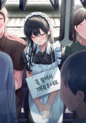 Rule 34 | 2boys, 2girls, absurdres, apron, black dress, black hair, black ribbon, blush, check translation, closed eyes, commentary request, cowboy shot, dress, earbuds, earphones, facing viewer, gongha, hair between eyes, handrail, hands on lap, highres, light particles, long hair, maid, maid apron, maid headdress, multiple boys, multiple girls, neck ribbon, no eyes, open mouth, original, own hands together, railroad tracks, ribbon, short sleeves, sign, sign around neck, sitting, sleeping, solo focus, straight hair, sunlight, sweatdrop, train interior, translated, translation request, wing collar, wireless earphones