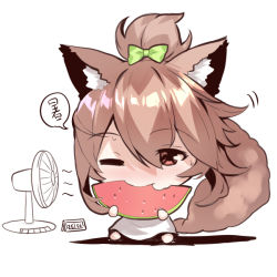 Rule 34 | 1girl, animal ears, barefoot, big head, blush, bow, brown eyes, brown hair, chibi, closed mouth, dress, eating, electric fan, food, fox ears, fox girl, fox tail, fruit, green bow, hair between eyes, hair bow, holding, holding food, long hair, looking at viewer, nose blush, one eye closed, original, sitting, solo, sweat, tail, tail raised, translation request, watermelon, white dress, yuuji (yukimimi)