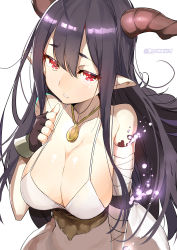 Rule 34 | 10s, 1girl, antenna hair, bandages, bandaged arm, bandages, black gloves, black hair, blush, breasts, cleavage, danua, draph, dress, female focus, fingerless gloves, gloves, granblue fantasy, hair between eyes, highres, horns, jewelry, large breasts, long hair, looking at viewer, naitou ryuu, necklace, pointy ears, red eyes, solo, white dress