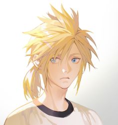 Rule 34 | 1boy, aged down, black shirt, blonde hair, blue eyes, cloud strife, final fantasy, final fantasy vii, final fantasy vii remake, hair between eyes, highres, layered shirt, looking to the side, low ponytail, male focus, medium hair, official alternate costume, portrait, shirt, solo, spiked hair, white background, white shirt, xianyu314