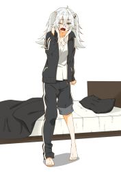 Rule 34 | 1girl, adidas, ahoge, animal ears, bed, black jacket, black track suit, commentary request, ear piercing, fang, full body, grey eyes, hair between eyes, highres, hololive, homura minori, jacket, lion ears, lion girl, looking at viewer, messy hair, one eye closed, open mouth, piercing, shirt, shishiro botan, sidelocks, silver hair, simple background, solo, track suit, two side up, virtual youtuber, waking up, white background, white shirt, yawning