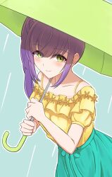 Rule 34 | 1girl, blue background, closed mouth, collarbone, commentary, frilled shirt, frills, green eyes, green skirt, green umbrella, hair bun, highres, holding, holding umbrella, leaning forward, link! like! love live!, long hair, looking at viewer, love live!, off-shoulder shirt, off shoulder, official alternate costume, otomune kozue, outline, purple hair, rain, shirt, side ponytail, sidelocks, simadaburyu, simple background, single side bun, skirt, smile, solo, symbol-only commentary, two-handed, umbrella, upper body, virtual youtuber, white outline, yellow shirt