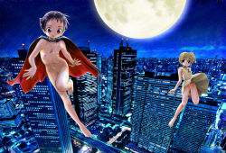 Rule 34 | 2girls, barefoot, black hair, blonde hair, building, cape, city, cityscape, clothes lift, cross, dress, dress lift, feet, flat chest, floating, flying, full moon, jewelry, moon, multiple girls, naked cape, necklace, night, nipples, no panties, nude, original, outdoors, pointy ears, pussy, red eyes, road, short hair, sky, skyscraper, small areolae, small nipples, street, uncensored, unno hotaru, upskirt, vampire, wind, wind lift, wrist cuffs