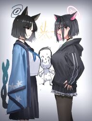 Rule 34 | 1boy, 2girls, animal ears, doodle sensei (blue archive), between breasts, black choker, black eyes, black hair, black jacket, black pantyhose, black sailor collar, blue archive, blue halo, blue neckerchief, breasts, cat choker, cat ears, choker, colored inner hair, extra ears, eye contact, face to breasts, feet out of frame, girl sandwich, gradient background, grey background, hair behind ear, halo, hand on own hip, haori, highres, hood, hooded jacket, horn/wood, jacket, japanese clothes, jealous, kazusa (blue archive), kikyou (blue archive), large breasts, lightning glare, looking at another, medium breasts, medium hair, medium skirt, miniskirt, multicolored hair, multiple girls, multiple tails, neckerchief, nervous sweating, pantyhose, pink hair, pink halo, purple halo, sailor collar, sandwiched, school uniform, sensei (blue archive), serafuku, sketch, skirt, sparks, sweat, tail, two-tone hair, two tails, v-shaped eyebrows, white background