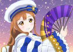 Rule 34 | 1girl, a messenger from paradise (love live!), absurdres, artist name, artist request, beret, blue bow, blue dress, blush, bow, breasts, brown eyes, brown hair, cloud, cross-laced clothes, cross-laced sleeves, curly hair, dress, dress bow, female focus, folding fan, frilled dress, frills, fur-trimmed dress, fur trim, gem, hair between eyes, hair ornament, hairclip, hand fan, hat, hat bow, highres, holding, holding fan, kunikida hanamaru, light brown hair, long hair, long sleeves, looking at viewer, love live!, love live! school idol festival, love live! school idol festival all stars, love live! sunshine!!, night, night sky, outdoors, parted lips, pearl (gemstone), pearl hair ornament, plaid, plaid dress, pleated, pleated dress, purple sky, sky, smile, solo, sparkle print, star (sky), striped bow, striped clothes, striped dress, teeth, upper body, vertical-striped clothes, vertical-striped dress, white dress, white hat, white wings, wings, yellow eyes