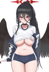 Rule 34 | 1girl, absurdres, black choker, black hair, blue archive, blush, boneseing, breasts, choker, gym uniform, hair between eyes, halo, hasumi (blue archive), hasumi (track) (blue archive), highres, jacket, large breasts, long hair, looking at viewer, mole, mole under eye, official alternate costume, ponytail, red eyes, shirt, shorts, solo, sweat, thighs, underboob, white background, white shirt, wings
