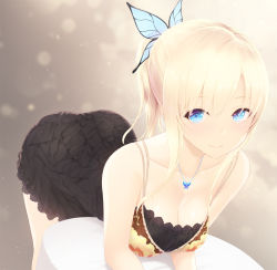 Rule 34 | 1girl, alternate hairstyle, bent over, blonde hair, blue eyes, boku wa tomodachi ga sukunai, breasts, butterfly hair ornament, cait aron, cleavage, closed mouth, dress, hair ornament, highres, kashiwazaki sena, large breasts, long hair, looking at viewer, necktie, ponytail, short dress, sidelocks, simple background, smile, solo