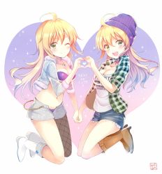 Rule 34 | 2girls, :d, ;), ahoge, artist name, beanie, belldot, blonde hair, blush, boots, breasts, chain, cleavage, cutoffs, dual persona, fishnet legwear, fishnets, green eyes, hat, heart, heart hands, heart hands duo, hoshii miki, idolmaster, idolmaster (classic), long hair, looking at viewer, midriff, multiple girls, navel, one eye closed, open fly, open mouth, plaid, shorts, single thighhigh, smile, thighhighs, unzipped