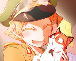 Rule 34 | 10s, 1girl, blonde hair, cat, close-up, closed eyes, collar, erwin (girls und panzer), girls und panzer, goggles, hariyaa, hat, holding, jacket, military, military uniform, open mouth, peaked cap, short hair, smile, tears, uniform