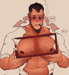 Rule 34 | 1boy, bara, black hair, blush, box, chest hair, cigar, collared shirt, english text, gift, gift box, hazylulu, highres, holding, holding gift, large pectorals, looking at viewer, male focus, medic (tf2), muscular, muscular male, nipples, one eye closed, open clothes, open shirt, pectorals, shirt, short hair, smoking, solo, team fortress 2, upper body, white shirt