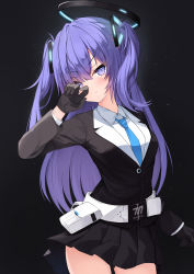 Rule 34 | 1girl, absurdres, angry, black background, black gloves, black suit, blouse, blue archive, collared shirt, formal, gloves, hair ornament, halo, highres, lisu, necktie, purple eyes, purple hair, shirt, simple background, skirt, solo, suit, twintails, white shirt, yuuka (blue archive)