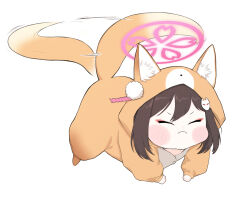 Rule 34 | 1girl, alternate costume, animal costume, animal ear fluff, animal ears, animal hood, black hair, blue archive, blush stickers, chibi, commentary request, eyeshadow, flying, fox costume, fox ears, fox girl, fox hair ornament, fox hood, fox tail, full body, hair between eyes, hair ornament, halo, hood, izuna (blue archive), looking at viewer, makeup, medium hair, parody, pom pom (clothes), pom pom hair ornament, puffy cheeks, sidelocks, simple background, solo, sonic (series), tail, tail wagging, tails (sonic), white background, yosik
