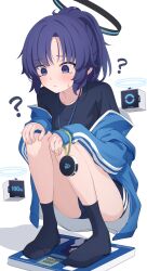 Rule 34 | 1girl, ?, absurdres, black halo, black shirt, black socks, blue archive, blue buruma, blue eyes, blue hair, blue jacket, blush, buruma, closed mouth, commentary request, drone, half updo, halo, highres, jacket, long hair, long sleeves, looking down, mechanical halo, off shoulder, panties, panty peek, shijima (shijima tc), shirt, simple background, sleeves past wrists, socks, solo, squatting, stopwatch, tearing up, underwear, watch, weighing scale, white background, white panties, yuuka (blue archive), yuuka (track) (blue archive)